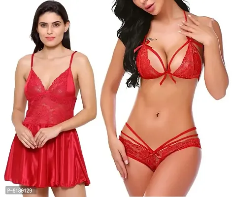 Sexy Short Red Satin Nighty and  Lace Bikini Set