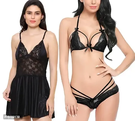 Sexy Short Black Satin Nighty and  Lace Bikini Set