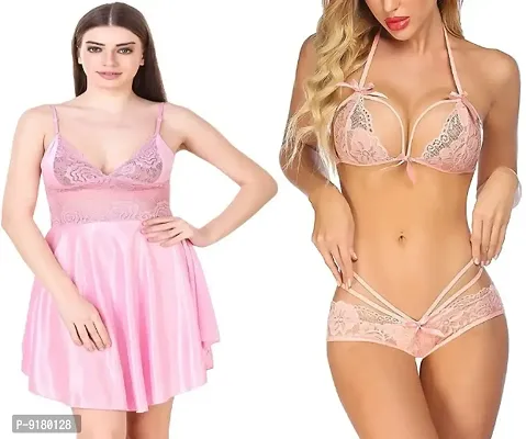 Sexy Short Pink Satin Nighty and  Lace Bikini Set