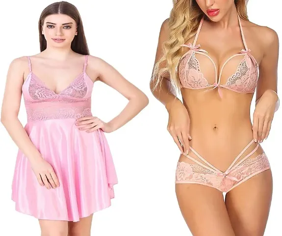 Sexy Short Satin Nighty and Lace Bikini Set