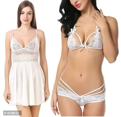 Sexy Short White Satin Nighty and  Lace Bikini Set-thumb0