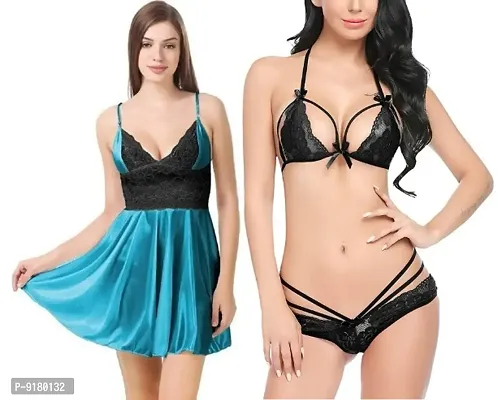 Sexy Short Blue Satin Nighty and Black Lace Bikini Set
