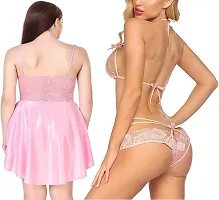 Sexy Short Pink Satin Nighty and  Lace Bikini Set-thumb3