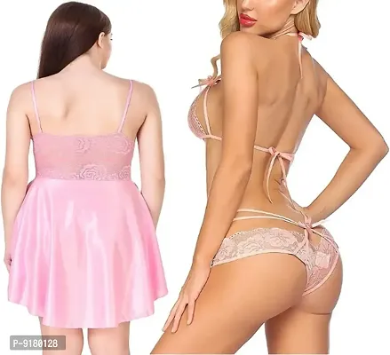 Sexy Short Pink Satin Nighty and  Lace Bikini Set-thumb4