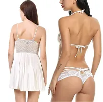 Sexy Short White Satin Nighty and  Lace Bikini Set-thumb2