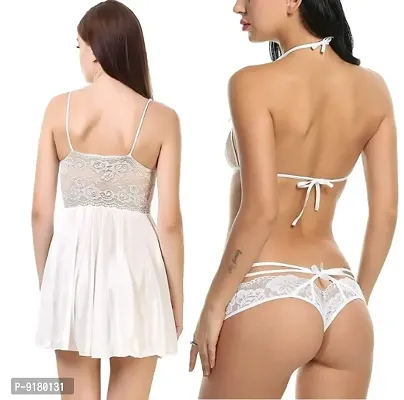 Sexy Short White Satin Nighty and  Lace Bikini Set-thumb3