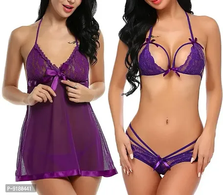 Women Short Transparent Nighty and Lace Lingerie Bikini Set (Bra-Panty Set)