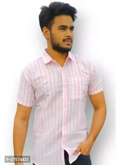 Reliable Pink Cotton Striped Short Sleeves Casual Shirts For Men-thumb0