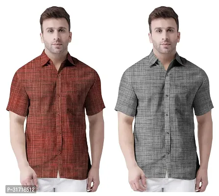 Reliable Multicoloured Khadi Cotton Self Pattern Short Sleeves Casual Shirt For Men Pack Of 2