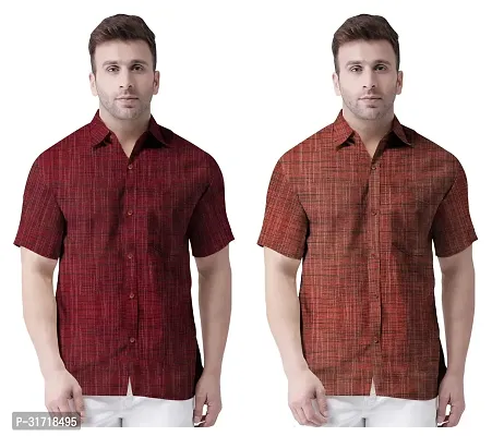 Reliable Multicoloured Khadi Cotton Self Pattern Short Sleeves Casual Shirt For Men Pack Of 2-thumb0