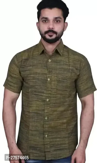 Reliable Olive Cotton Solid Short Sleeves Casual Shirts For Men-thumb0