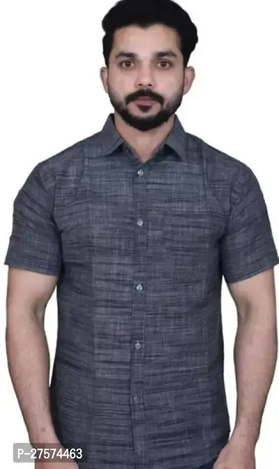 Reliable Grey Cotton Solid Short Sleeves Casual Shirts For Men-thumb0