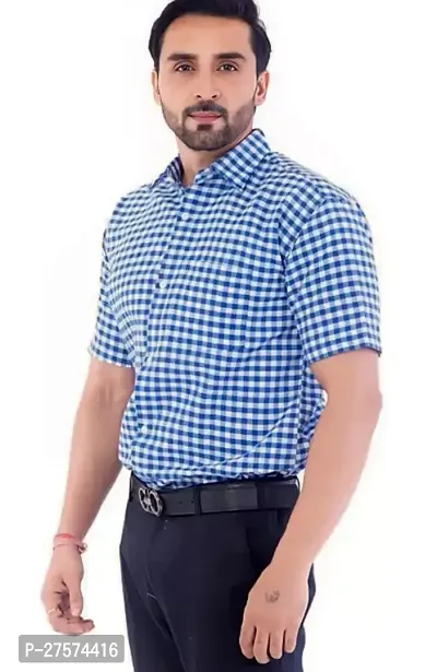 Reliable Blue Cotton Checked Short Sleeves Casual Shirts For Men-thumb0