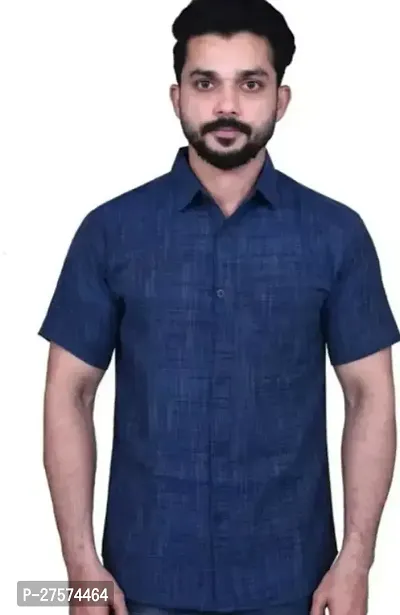 Reliable Blue Cotton Solid Short Sleeves Casual Shirts For Men-thumb0