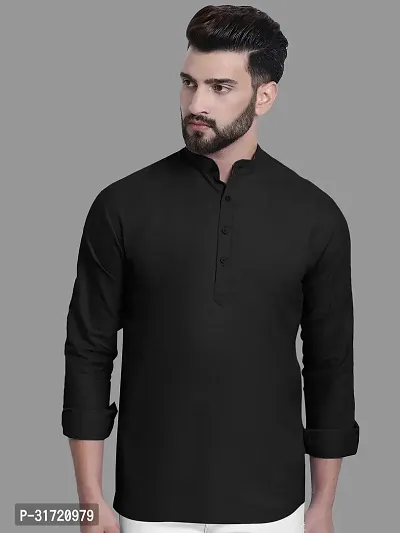 Reliable Black Cotton Solid Short Kurta For Men-thumb0