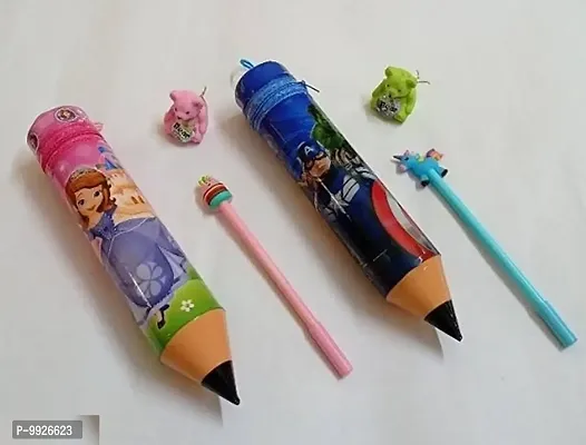 Kids Stationary Combo-2 Pencil Box 2 Pens And 2 Eraser Cum Sharpener Set-thumb0