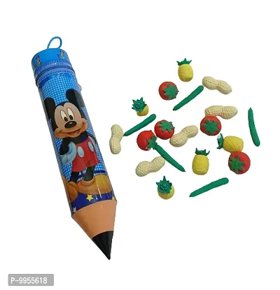 Blue Pencil Box with  20 Fruit Vegetable Shaped Erasers