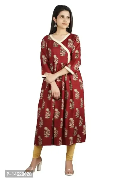 Cotton Printed Anarkali Cum Angrakha Style Kurti (Medium, Mahroon)