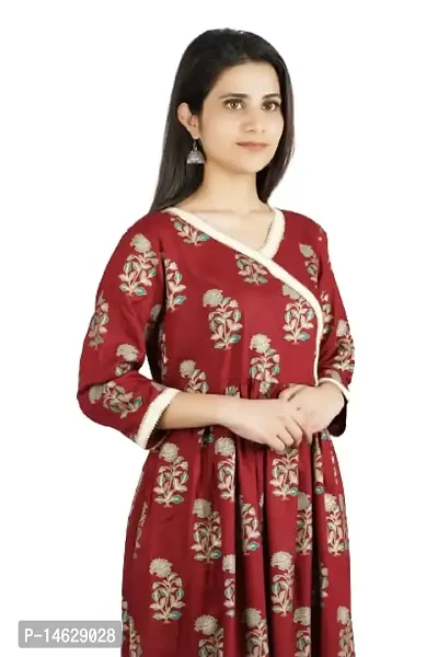 Cotton Printed Anarkali Cum Angrakha Style Kurti (Medium, Mahroon)-thumb4