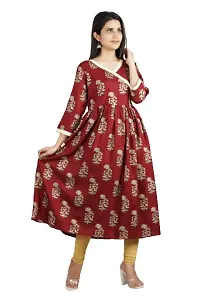 Cotton Printed Anarkali Cum Angrakha Style Kurti (Medium, Mahroon)-thumb1