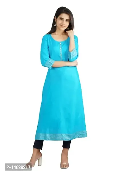 Rayon Border Printed Anarkali Kurta (Medium, Sky Blue)-thumb0