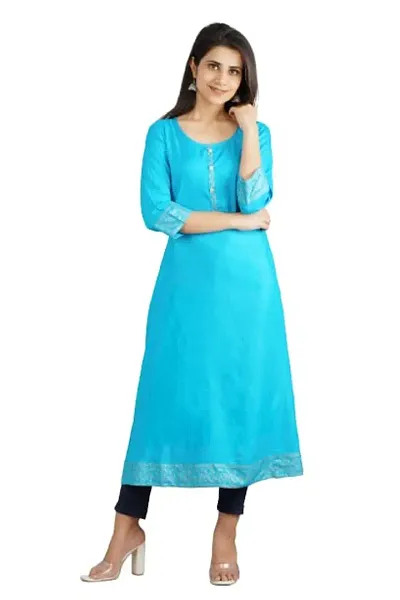 Rayon Border Anarkali Kurta (Medium, Blue)