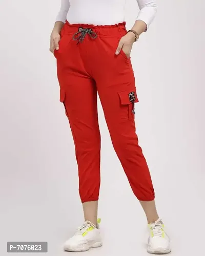 Elegant Red Cotton Lycra Stretchable Cargo For Women