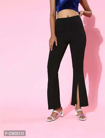 Elegant Black Polyester Solid Bell Bottom Trouser For Women