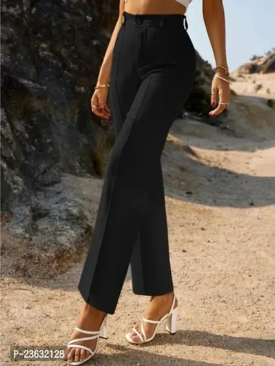 Elegant Black Polyester Solid Bell Bottom Trouser For Women