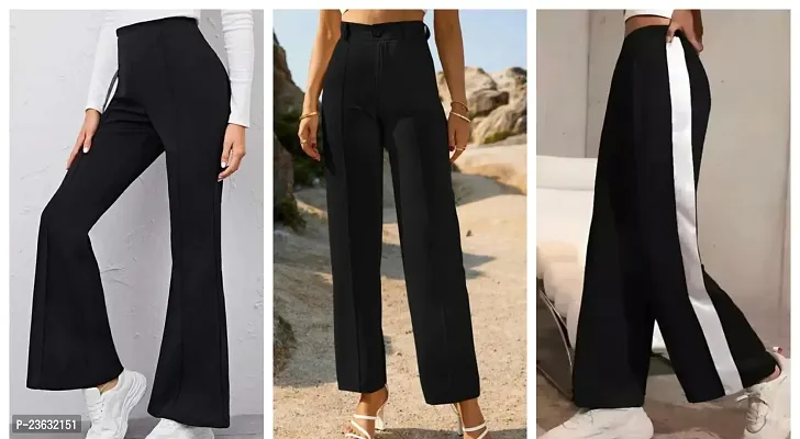 Elegant Black Polyester Solid Bell Bottom Trousers For Women Pack Of 3-thumb0