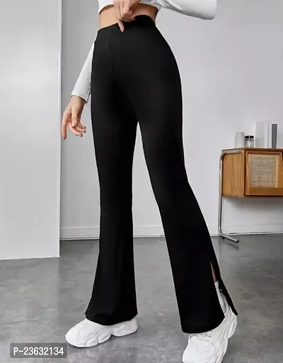 Elegant Black Polyester Solid Bell Bottom Trouser For Women