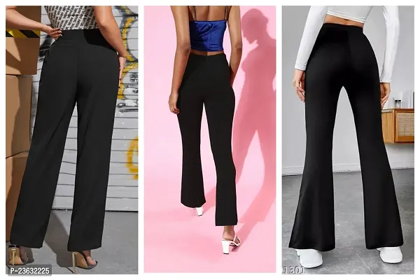 Elegant Black Polyester Solid Bell Bottom Trousers For Women Pack Of 3-thumb2
