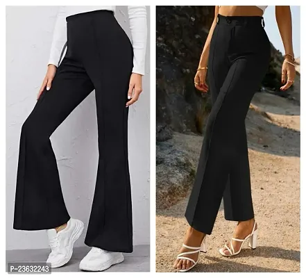 Elegant Black Polyester Solid Bell Bottom Trousers For Women Pack Of 2