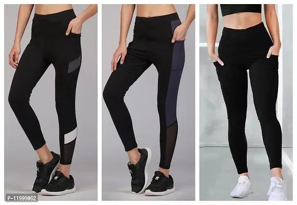 Elite Black Cotton Spandex Gym Tights For Women Pack Of 3