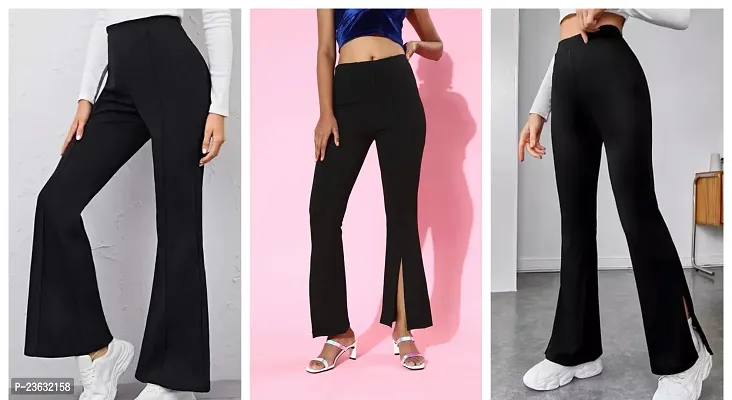 Elegant Black Polyester Solid Bell Bottom Trousers For Women Pack Of 3