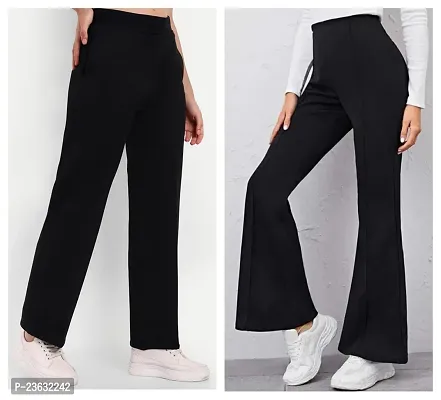 Elegant Black Polyester Solid Bell Bottom Trousers For Women Pack Of 2-thumb0