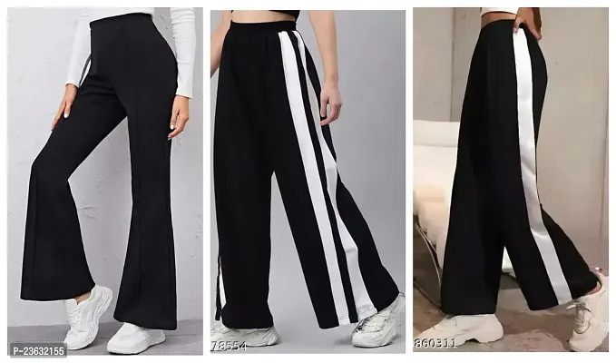Elegant Black Polyester Solid Bell Bottom Trousers For Women Pack Of 3