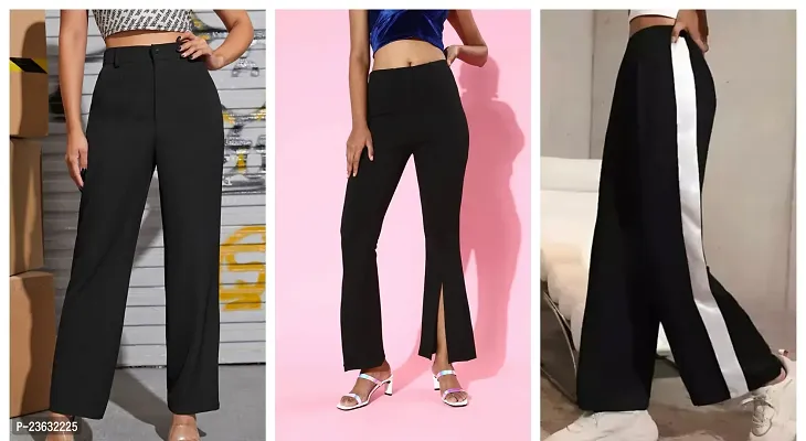 Elegant Black Polyester Solid Bell Bottom Trousers For Women Pack Of 3-thumb0