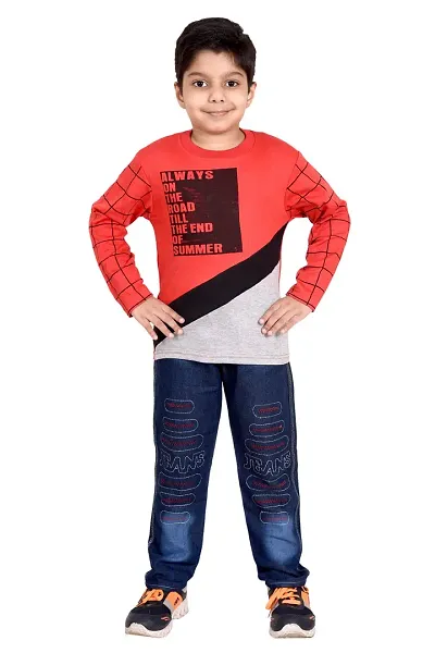 Stylish Denim Full T-Shirt with Full Pant Set For Boys