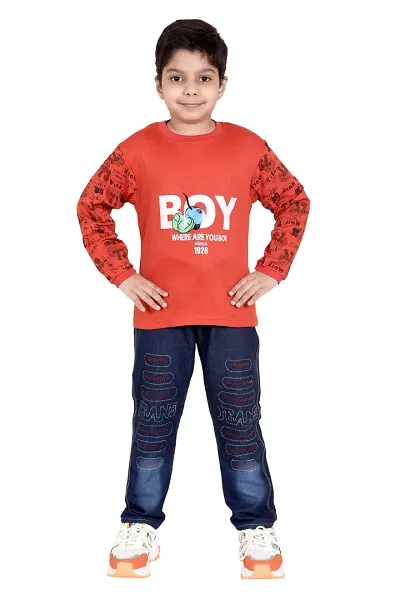 Stylish Denim Full T-Shirt with Full Pant Set For Boys