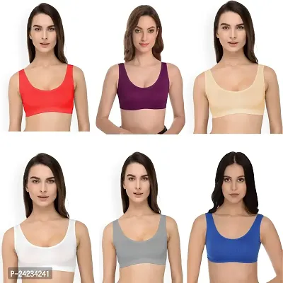 GLOBAL ENTERPRISE SHREENATHJI Online MART Women's 95% Cotton and 5% Spendex, Non-Padded, Non-Wired Air Sports Bra (Color:- Red-Magenta-Cream-White-Grey-Blue) (Pack of 6) (Size:- 28)