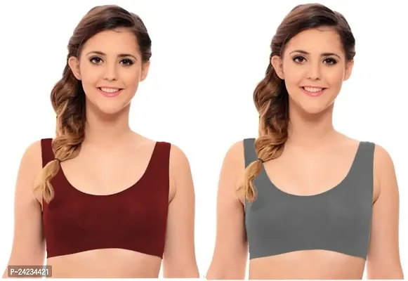 GLOBAL ENTERPRISE SHREENATHJI Online MART Women's 95% Cotton and 5% Spendex, Non-Padded, Non-Wired Air Sports Bra (Color:- Maroon  DAR Grey) (Pack of 2) (Size:- Free)-thumb0