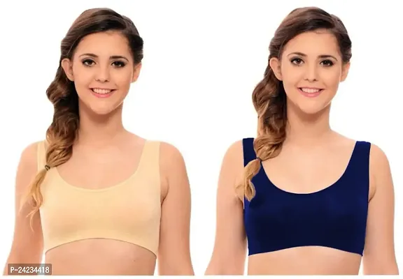 GLOBAL ENTERPRISE SHREENATHJI Online MART Women's 95% Cotton and 5% Spendex, Non-Padded, Non-Wired Air Sports Bra (Color:- Cream  Navy Blue) (Pack of 2) (Size:- 30)-thumb0