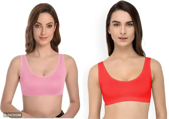 GLOBAL ENTERPRISE SHREENATHJI Online MART Women's 95% Cotton and 5% Spendex, Non-Padded, Non-Wired Air Sports Bra (Color:- Pink  Red) (Pack of 2) (Size:- 32)-thumb0