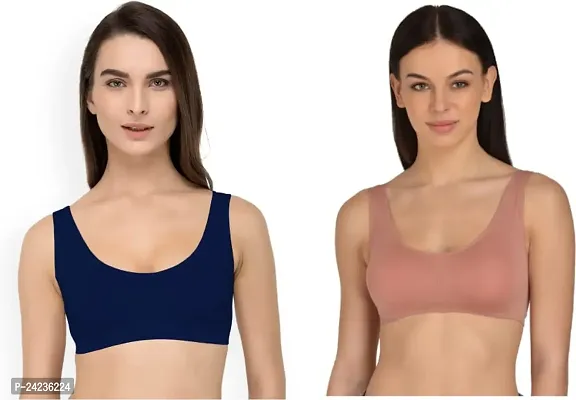 GLOBAL ENTERPRISE SHREENATHJI Online MART Women's 95% Cotton and 5% Spendex, Non-Padded, Non-Wired Air Sports Bra (Color:- Navy Blue  Gajari) (Pack of 2) (Size:- 28)-thumb0