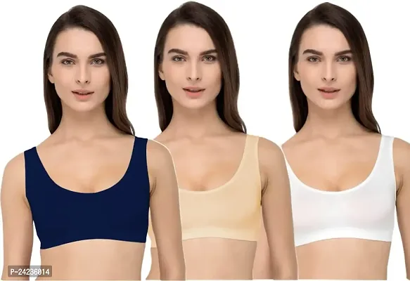 GLOBAL ENTERPRISE SHREENATHJI Online MART Women's 95% Cotton and 5% Spendex, Non-Padded, Non-Wired Air Sports Bra (Color:- Navy Blue-White-Cream) (Pack of 3) (Size:- 32)