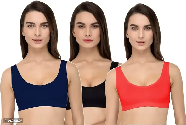 GLOBAL ENTERPRISE SHREENATHJI Online MART Women's 95% Cotton and 5% Spendex, Non-Padded, Non-Wired Air Sports Bra (Color:- Navy Blue-Red-Black) (Pack of 3) (Size:- 34)-thumb0