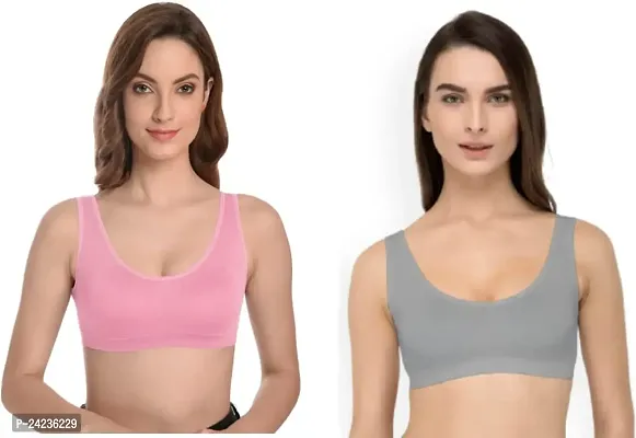GLOBAL ENTERPRISE SHREENATHJI Online MART Women's 95% Cotton and 5% Spendex, Non-Padded, Non-Wired Air Sports Bra (Color:- Pink  Grey) (Pack of 2) (Size:- Free)-thumb0