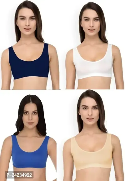 GLOBAL ENTERPRISE SHREENATHJI Online MART Women's 95% Cotton and 5% Spendex, Non-Padded, Non-Wired Air Sports Bra (Color:- Navy Blue-White-Blue-Cream) (Pack of 4) (Size:- Free)