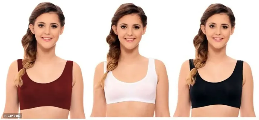GLOBAL ENTERPRISE SHREENATHJI Online MART Women's 95% Cotton and 5% Spendex, Non-Padded, Non-Wired Air Sports Bra (Color:- Maroon-White-Black) (Pack of 3) (Size:- 30)-thumb0
